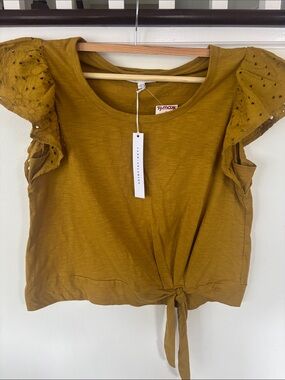 T.J.Maxx Mustard Eyelet Flutter-Sleeve Tie-Front Blouse